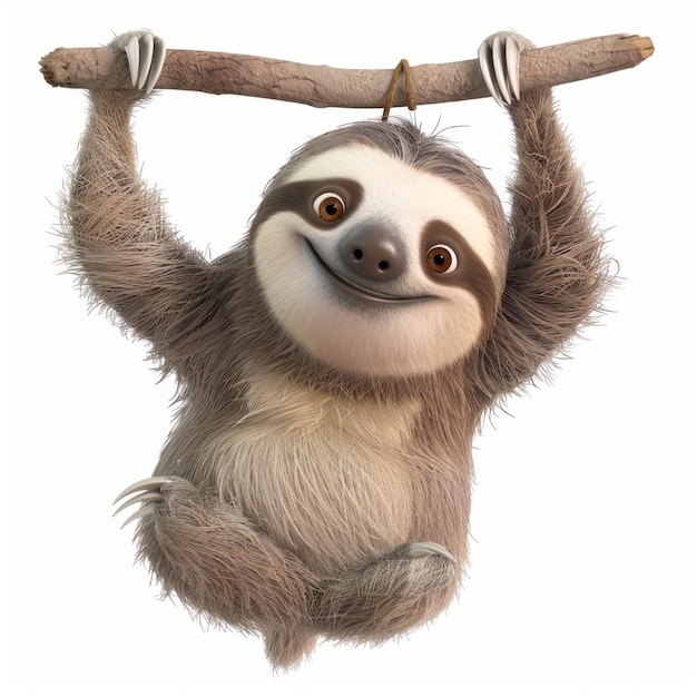 A cartoonish sloth is hanging from a branch with a rope