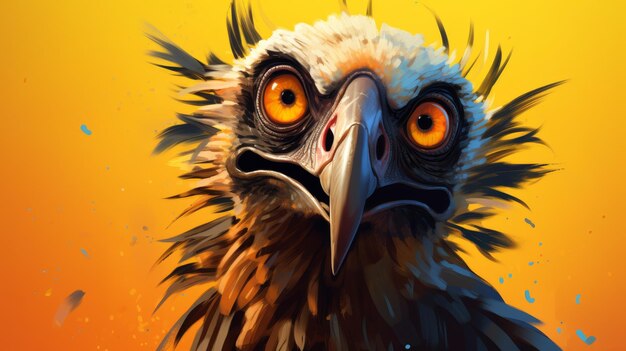 A cartoonish vulture with large wide eyes leans over a vivid colored edge