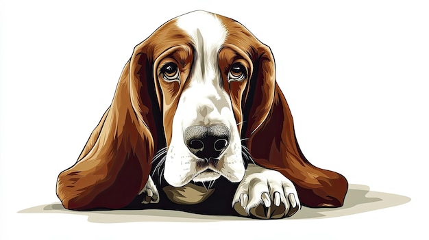 Photo cartoonized basset hound with long ears and droopy eyes in digital art style