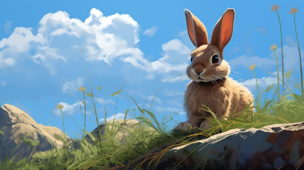 Cartoonlike Rabbit In Grassy Field Digital Painting By Patrick Brown