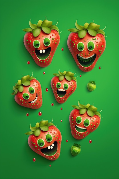 Cartoons smiling crazy many strawberries with splash liquid juice