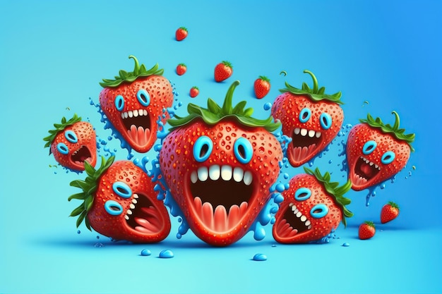 Cartoons smiling crazy strawberries with splash liquid juice