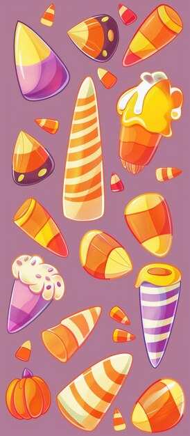 Photo cartoonstyle candy corn and themed sweets displayed on a purple background for seasonal festivities