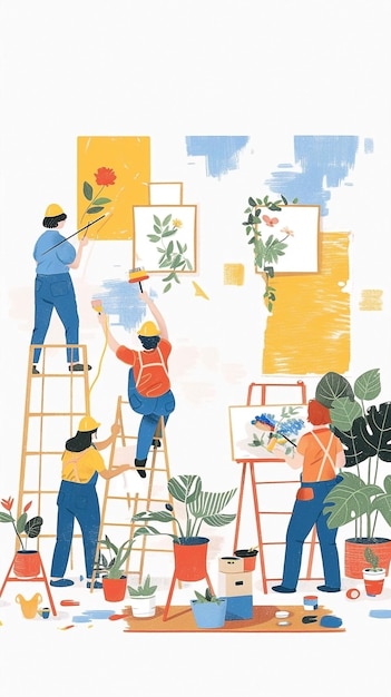 Photo cartoonstyle group painting walls with ladders and easels in bright childfriendly scene