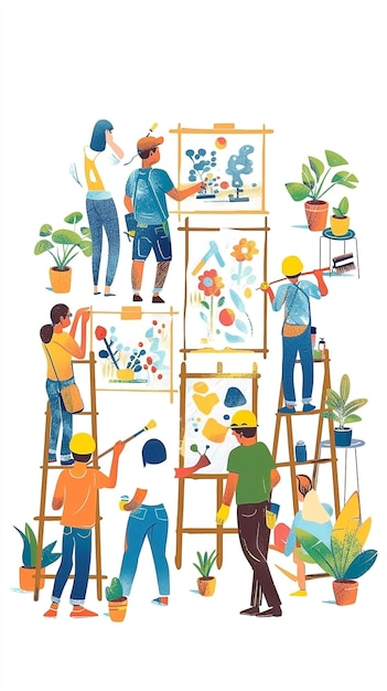 Photo cartoonstyle group painting walls with ladders and easels in bright childfriendly scene