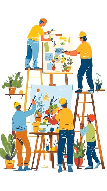 Photo cartoonstyle group painting walls with ladders and easels in bright childfriendly scene