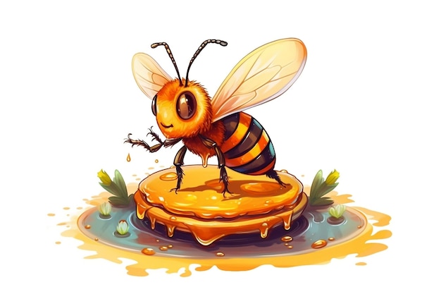 A cartoonstyle illustration of a bee and honey against a white background AI