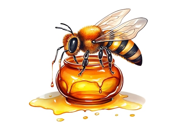 A cartoonstyle illustration of a bee and honey against a white background AI