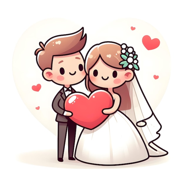 A cartoonstyle illustration of a bride and groom embracing with a heartshaped background