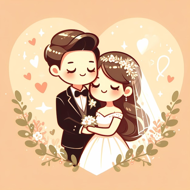 A cartoonstyle illustration of a bride and groom embracing with a heartshaped background