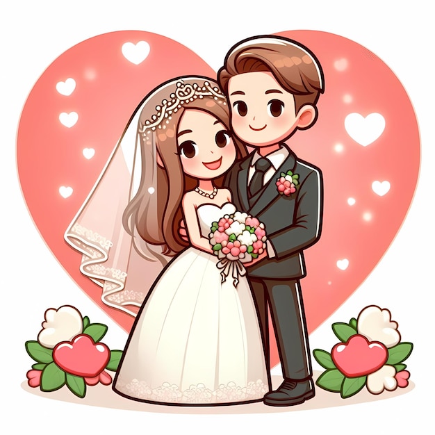 A cartoonstyle illustration of a bride and groom embracing with a heartshaped background