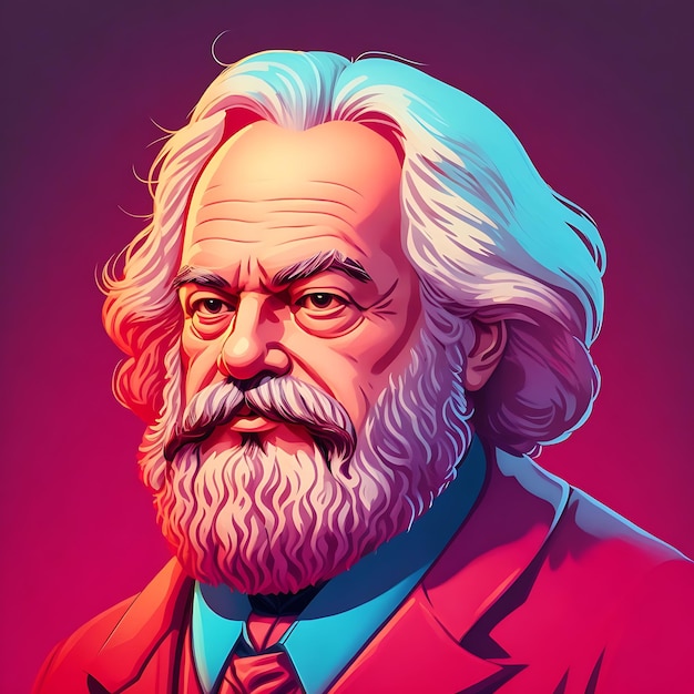 A cartoonstyle illustration of Karl Marx with a focus on his revolutionary ideas