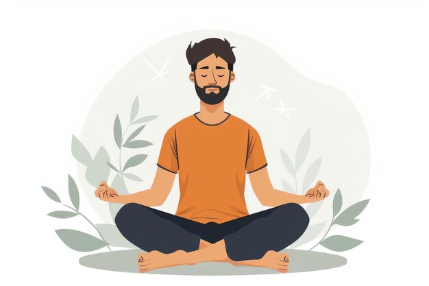 Cartoonstyle man meditating in nature with green leaves capturing a playful and peaceful moment of m