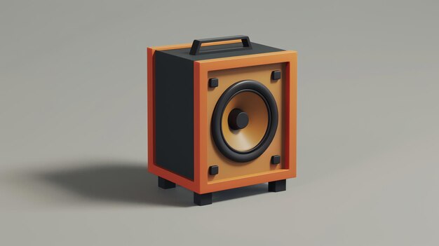 A cartoonstyle speaker with a black and orange design on a white background