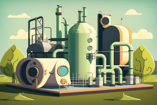 Cartoonstyle vector style illustration of a wastewater treatment plant with friendly