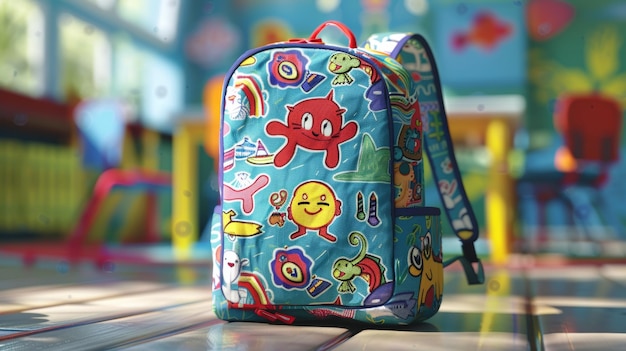 Photo cartoonthemed elementary school backpack in a colorful and playful classroom setting