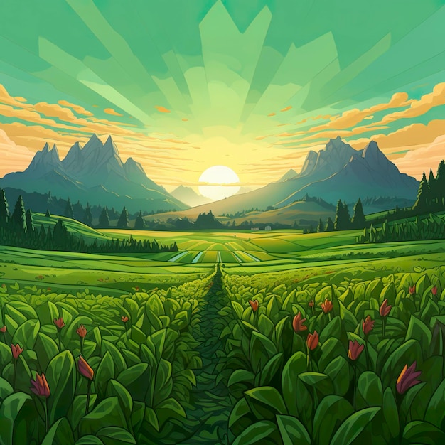 A Cartoony Landscape of a Green Field and Mountains AI Generative