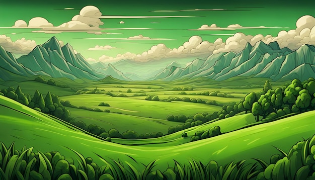 A Cartoony Landscape of a Green Field and Mountains