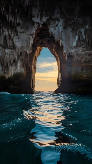 A carved cave window by the water