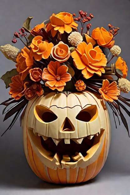 Carved pumpkin and flowers arrangement