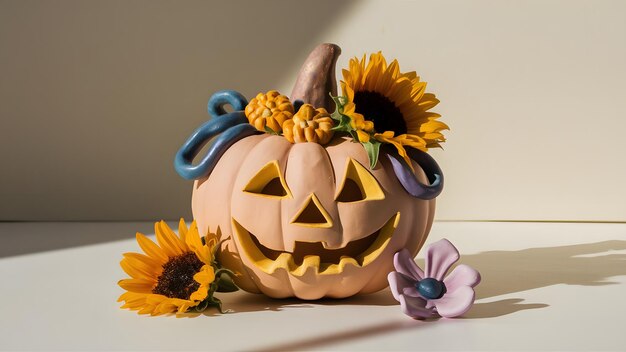 Photo carved pumpkin and flowers arrangement