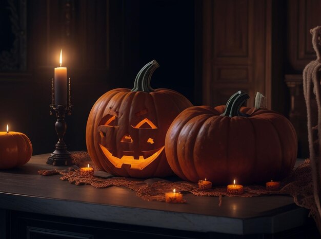 A carved pumpkin sitting on top of a table generative ai