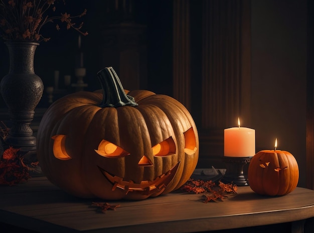 A carved pumpkin sitting on top of a table generative ai