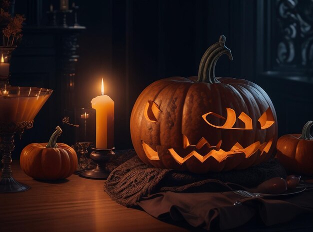 A carved pumpkin sitting on top of a table generative ai