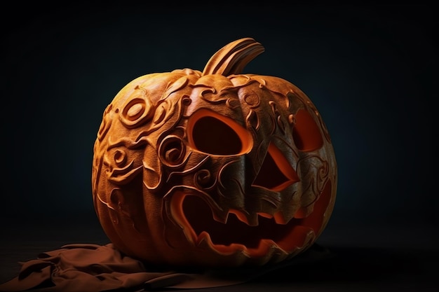 A carved pumpkin with the face carved in the center