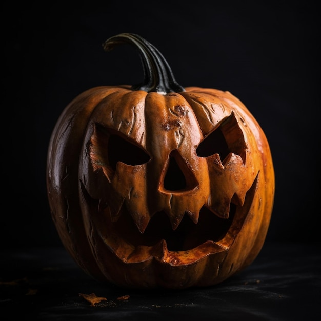 A carved pumpkin with the face of a pumpkin on a black background.