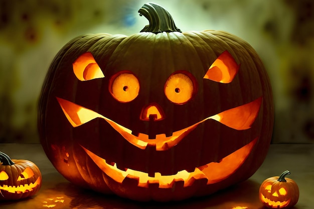 A Carved Pumpkin With Glowing Eyes And Mouth