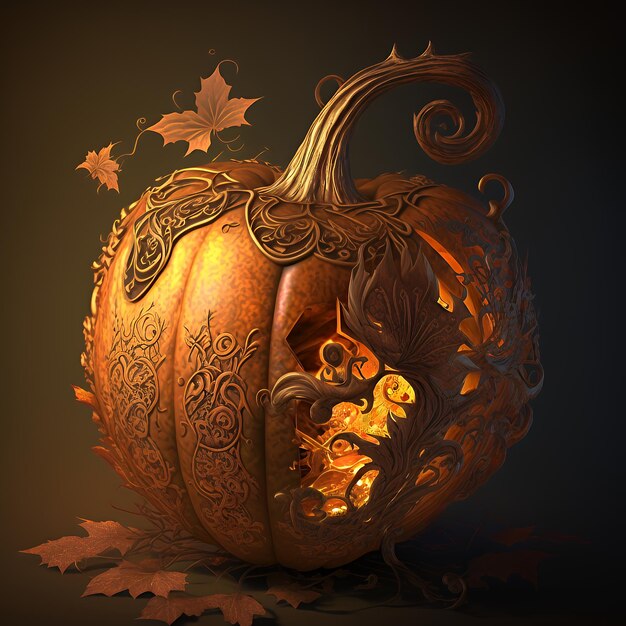 Photo a carved pumpkin with intricate floral designs glows softly against a dark background surrounded by fallen leaves