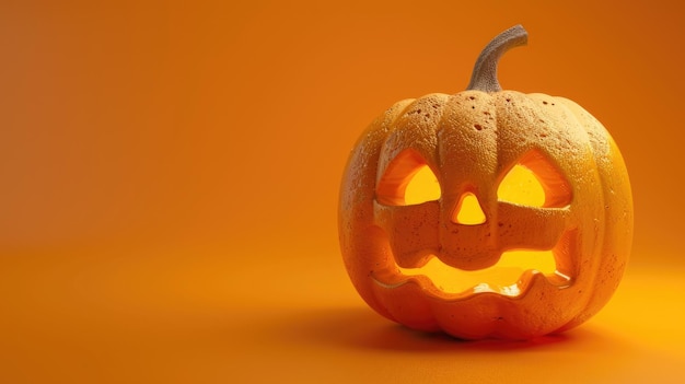 A carved pumpkin with a spooky face on an orange background perfect for Halloween or fall decorations