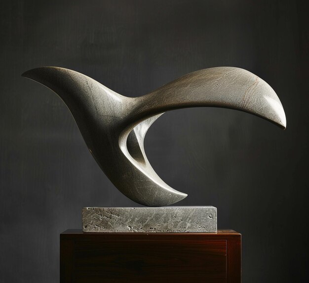 Photo carved stone sculpture of airplane like form wooden base dark backdrop