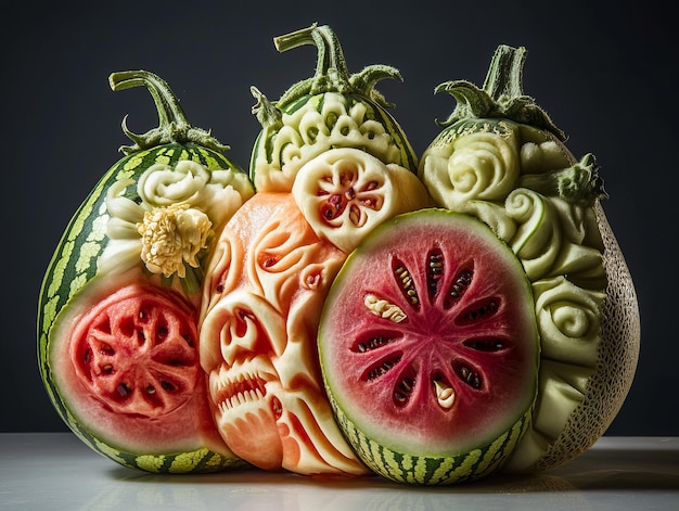 Photo carved watermelon cantaloupe and honeydew fruits