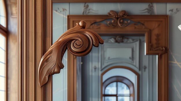 Photo carved wooden door frame detail the frame is painted white and the carving is a light brown color