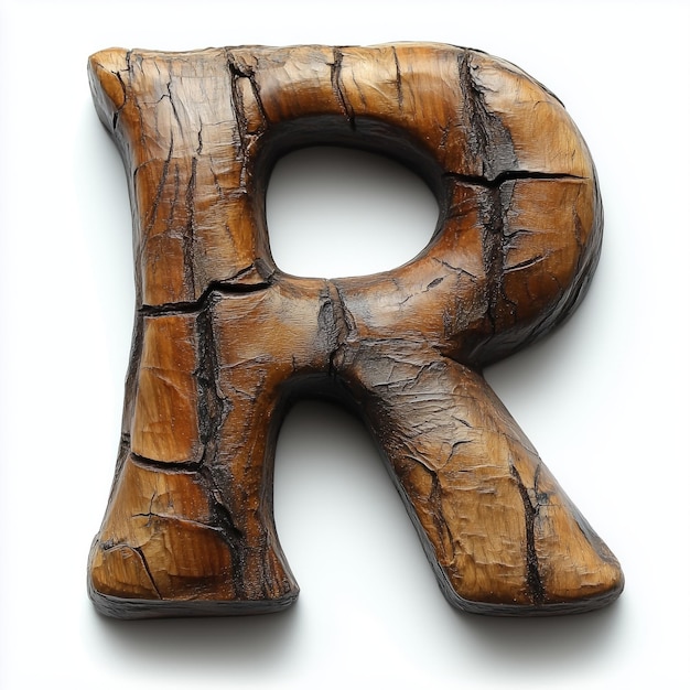 Carved Wooden Letter R with Textured Surface