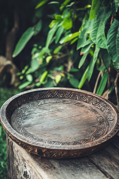 Photo carved wooden tray on rustic wooden surface with green foliage background