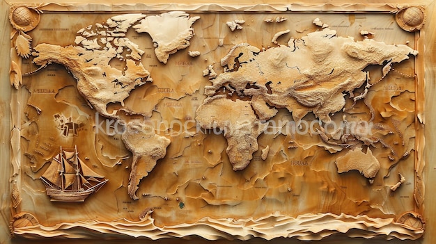 Photo a carved wooden world map