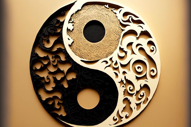 Carved yinyang symbol of black and light wood