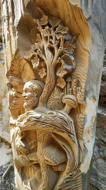 a carving of a tree is on the wall of a building