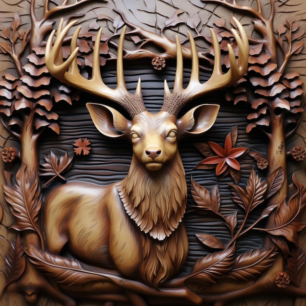 Carvings of a deer with antlers and leaves in a wood frame generative ai