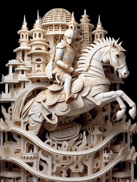 Carvings of a man riding a horse in front of a castle generative ai