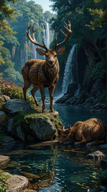 Cascade of Brilliance The Giant Deer and the Sparkling Lake Generated by AI