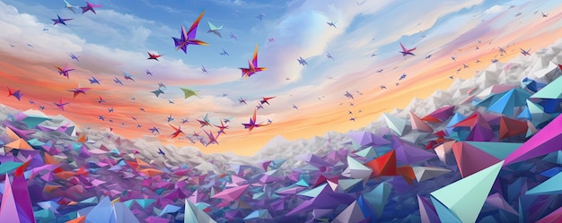 Cascade of vibrant paper planes soaring through the sky representing freedom panorama