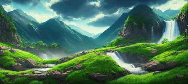 Cascade of the waterfall flows down from the slope of the mountains Mountain rivers flow among green lawns and mountain peaks Fantasy waterfall panorama 3d illustration