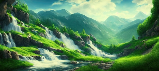 Cascade of the waterfall flows down from the slope of the mountains Mountain rivers flow among green lawns and mountain peaks Fantasy waterfall panorama 3d illustration