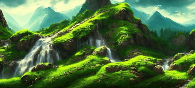 Cascade of the waterfall flows down from the slope of the mountains Mountain rivers flow among green lawns and mountain peaks Fantasy waterfall panorama 3d illustration