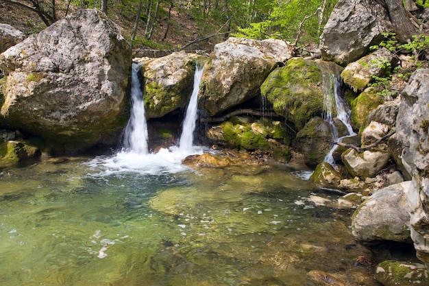 Cascades on spring mountain river (Kokkozka River, Great Crimean Canyon, Ukraine).