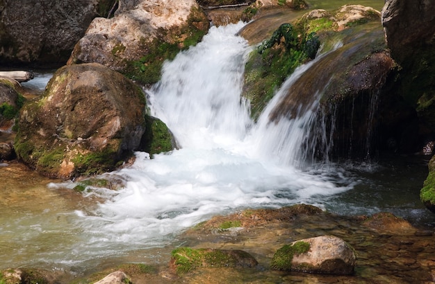 Cascades on spring mountain river (Kokkozka River, Great Crimean Canyon, Ukraine).